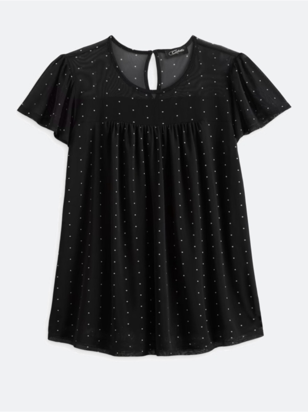 Colette Black Sheer Dot Flutter-Sleeve Top